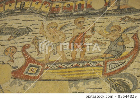 Italy, Sicily, Piazza Armerina, ancient Roman villa in Casale, mosaic floor 85644829