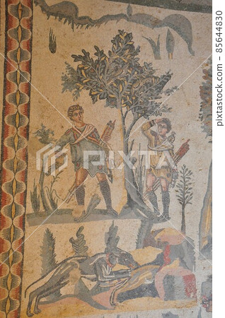 Italy, Sicily, Piazza Armerina, ancient Roman villa in Casale, mosaic floor 85644830