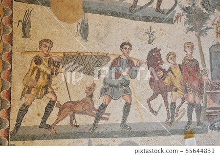 Italy, Sicily, Piazza Armerina, ancient Roman villa in Casale, mosaic floor 85644831