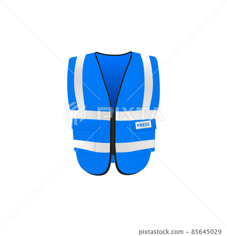Blue safety vest, 3D realistic mockup front view. Bright jacket uniform with reflective tape to work at night. Blue safety vest, 3D realistic mockup front view. Bright jacket uniform with reflective tape to work at night. 85645029