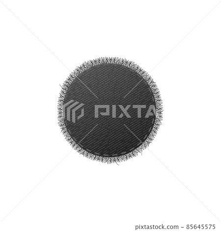 Circle denim patch with stitches and fringe, realistic flat vector illustration isolated on white background. 85645575