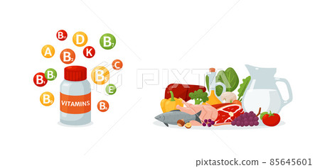 Vitamin supplement vs whole food, flat vector illustration isolated on white background. 85645601