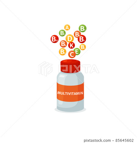 Multivitamin bottle with lid, flat vector illustration isolated on white background. Multivitamin bottle with lid, flat vector illustration isolated on white background. 85645602