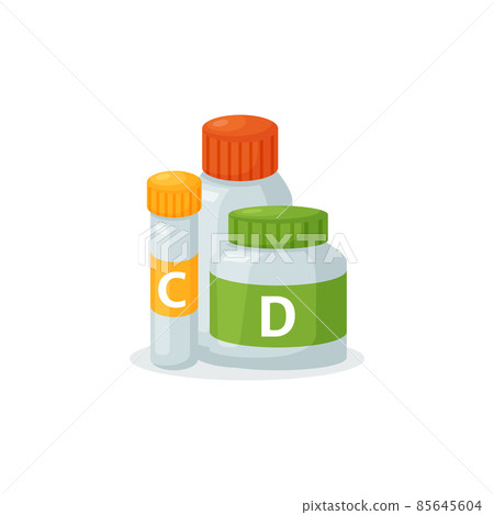 Bottles of vitamin C and D, flat vector illustration isolated on white background. Bottles of vitamin C and D, flat vector illustration isolated on white background. 85645604