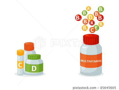Big multivitamin bottle instead of many vitamins bottles, flat vector illustration isolated on white background. Big multivitamin bottle instead of many vitamins bottles, flat vector illustration isolated on white background. 85645605