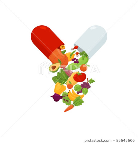 Vitamin nutritious complex in open capsule in flat vector illustration Vitamin nutritious complex in open capsule in flat vector illustration 85645606