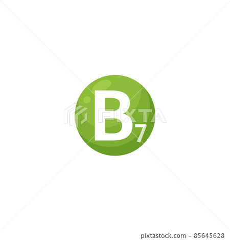 Vitamin B7 green shining supplement capsule vector icon. Vitamin B Seven round circle pill, medicine to boost energy. 85645628