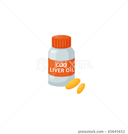 Liver oil capsules bottle flat vector illustration isolated on white background. Liver oil capsules bottle flat vector illustration isolated on white background. 85645652