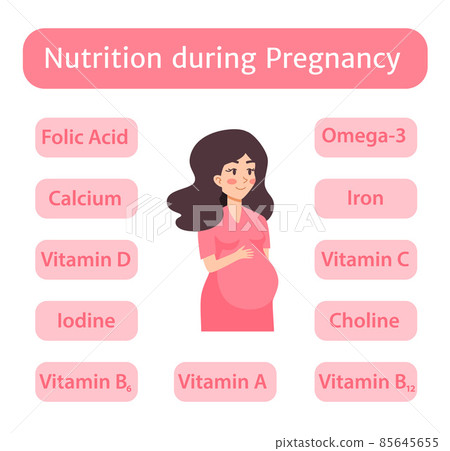 Nutrition during pregnancy infographic with pregnant woman, vector illustration. Nutrition during pregnancy infographic with pregnant woman, vector illustration. 85645655