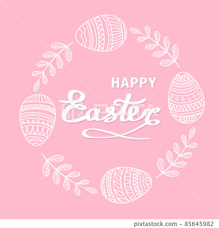 Happy Easter greeting card with floral elements, branches and drawing eggs on pink background Happy Easter greeting card with floral elements, branches and drawing eggs on pink background 85645982