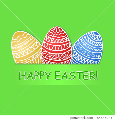 Happy Easter greeting card with colored eggs on green grass background, stock vector illustration Happy Easter greeting card with colored eggs on green grass background, stock vector illustration 85645983