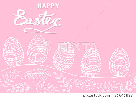 Happy Easter greeting card with floral elements, branches and drawing eggs on pink background Happy Easter greeting card with floral elements, branches and drawing eggs on pink background 85645988