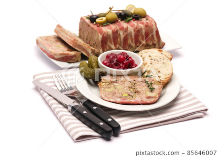 Portion of Traditional French terrine covered with bacon isolated on white background Portion of Traditional French terrine covered with bacon isolated on white background 85646007