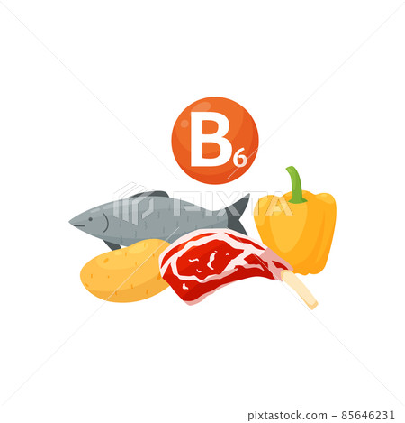 Vitamin B6 is found in fish, meat, potatoes, bell peppers in flat vector Vitamin B6 is found in fish, meat, potatoes, bell peppers in flat vector 85646231
