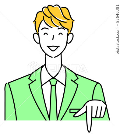 Cute male business person in a suit pointing down with a smile Illustration vector 85646381