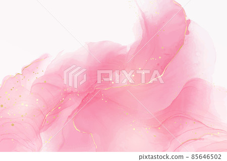 Rose pink liquid watercolor background with golden dots. Dusty blush marble alcohol ink drawing effect. Vector illustration design template for wedding invitation, menu, rsvp 85646502
