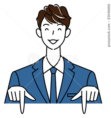Cute male business person in a suit pointing down with a smile Illustration vector 85646660