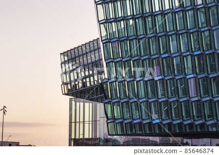 Close up picture of modern glass facade of Harpa Concert Hall in Reykjavik 85646874
