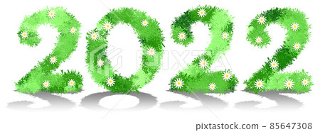 New Year 2022, numbers written in font made of small green leaves of bush and white chamomile flowers. Summer horizontal banner. Vector isolated on white background 85647308