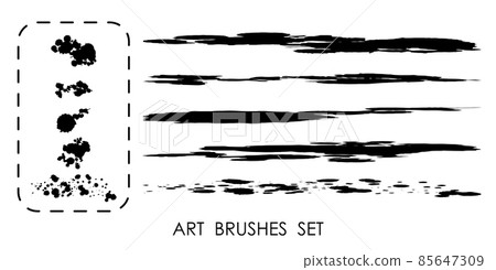 paint droped ART BRUSHES SET. Careless blots and dots. Texture of old poster back. Vector 85647309