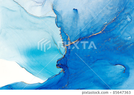 Royal cyan mint liquid marble watercolor background with gold lines. Teal turquoise marbled alcohol ink drawing effect. Contemporary liquid painting texture with bronze brush strokes 85647363
