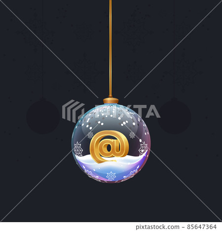 Christmas toy glass ball with a golden 3D mail symbol inside. New year tree decoration. Element for design banner, card or any advertising 85647364