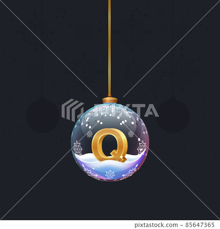 Alphabet letter in glass christmas tree toy. Golden 3D letter Q inside ball. New year decoration element for design template banner, poster or greeting card 85647365