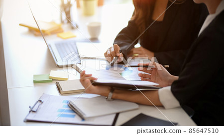 Businesswomen working on financial project together in the office. Businesswomen working on financial project together in the office. 85647510