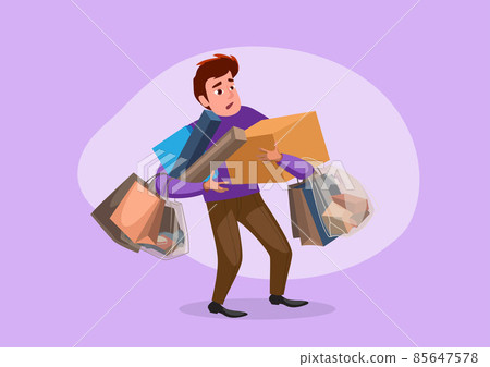 A man who buys various kinds of discount items, including boxes, paper bags, walking around carrying a lot of stuff, causing his body to lean back and forth. flat style cartoon vector illustration A man who buys various kinds of discount items, including boxes, paper bags, walking around carrying a lot of stuff, causing his body to lean back and forth. flat style cartoon vector illustration 85647578