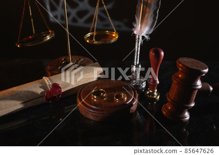 Last will and rings in notary office. Death and legacy concept. Top view. Last will and rings in notary office. Death and legacy concept. Top view. 85647626