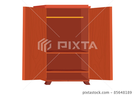 Wooden wardrobe empty furniture with shelf in cartoon style isolated on white background. Cupboard, drawer interior object. 85648189