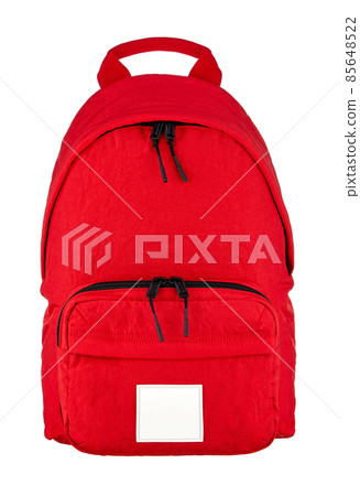 Red backpack made of dense water-repellent polymer fabric, with a zipper, with an external patch pocket, isolated on a white background. Front view. 85648522