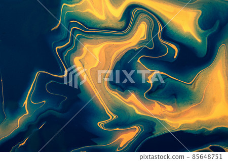 Abstract fluid art background navy blue and golden colors. Liquid marble. Acrylic painting with yellow gradient Abstract fluid art background navy blue and golden colors. Liquid marble. Acrylic painting with yellow gradient 85648751