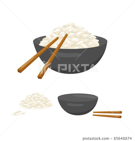 Rice bowl with chopsticks. Vector stock illustration isolated on white background for packaging, menu design Asian cuisine. Realistic traditional dish in cartoon style. EPS10 Rice bowl with chopsticks. Vector stock illustration isolated on white background for packaging, menu design Asian cuisine. Realistic traditional dish in cartoon style. EPS10 85648874