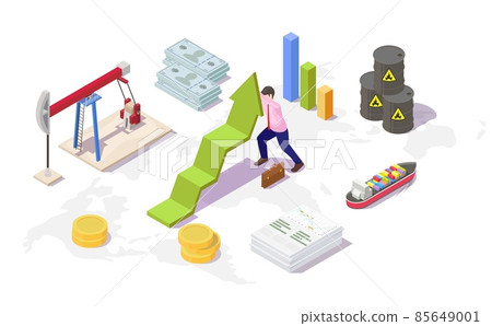 Crude oil price rise, vector isometric illustration. Oil pump, barrel, tanker, money, businessman, rising arrow chart. Crude oil price rise, vector isometric illustration. Oil pump, barrel, tanker, money, businessman, rising arrow chart. 85649001