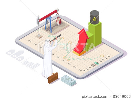 Arab businessman looking at raising oil chart through telescope, flat vector isometric illustration. Oil price growth. Arab businessman looking at raising oil chart through telescope, flat vector isometric illustration. Oil price growth. 85649003