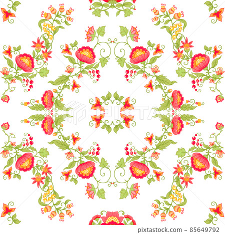 Tradition mughal motif, fantasy flowers in retro, vintage style. Seamless pattern, background. Vector illustration. Isolated on white background. Tradition mughal motif, fantasy flowers in retro, vintage style. Seamless pattern, background. Vector illustration. Isolated on white background. 85649792