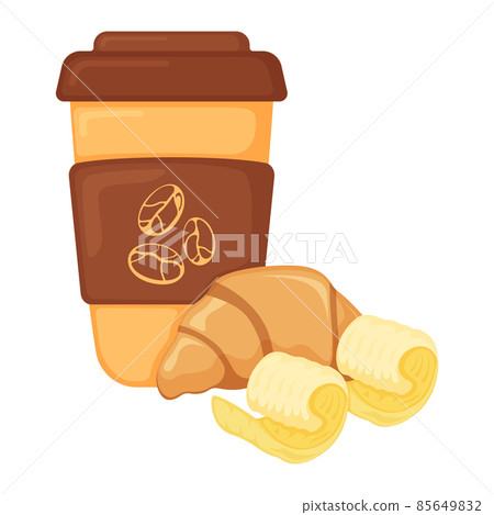 French croissant with coffee cup, breakfast butter bakery product icon, concept cartoon organic beverage food vector illustration, isolated on white. French croissant with coffee cup, breakfast butter bakery product icon, concept cartoon organic beverage food vector illustration, isolated on white. 85649832