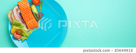 Intermittent fasting low carb hight fats diet concept flat lay, healthy food on blue plate Intermittent fasting low carb hight fats diet concept flat lay, healthy food on blue plate 85649918