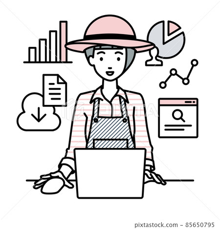 A farmer woman sitting at a desk and opening her PC for research and data analysis and reporting A farmer woman sitting at a desk and opening her PC for research and data analysis and reporting 85650795