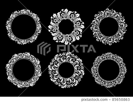 Set of decorative frames Elegant vector element for design in Eastern style, place for text. Floral black and white borders. Lace illustration for invitations and greeting cards. Set of decorative frames Elegant vector element for design in Eastern style, place for text. Floral black and white borders. Lace illustration for invitations and greeting cards. 85650863