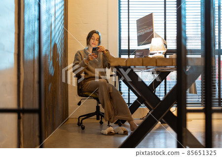 Woman works from cozy home office Woman works from cozy home office 85651325