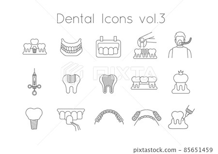 Dentistry icons. Thin line vector signs of dental clinic services. Oral health care concepts. Dental implants, surgery, orthodontics. Teeth diseases and treatment. Black outline pictograms Dentistry icons. Thin line vector signs of dental clinic services. Oral health care concepts. Dental implants, surgery, orthodontics. Teeth diseases and treatment. Black outline pictograms 85651459