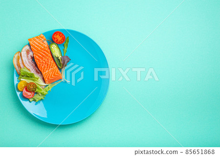 Intermittent fasting low carb hight fats diet concept flat lay, healthy food on blue plate 85651868