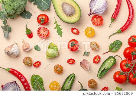 Creative cooking healthy organic food concept background made of colourful fruit and vegetables 85651869
