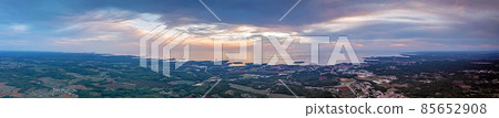 Drone panorama over Istrian Adriatic coast near Porec taken from high altitude at sunset Drone panorama over Istrian Adriatic coast near Porec taken from high altitude at sunset 85652908