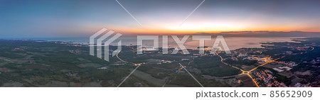 Drone panorama over Istrian Adriatic coast near Porec taken from high altitude at sunset Drone panorama over Istrian Adriatic coast near Porec taken from high altitude at sunset 85652909