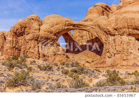 Panoramic picture of natural and geological wonders of Arches national park in Utah in winter 85653967