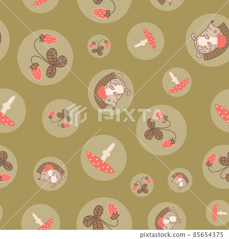 Hedgehogs, mushrooms and strawberries circles pattern on moss green background. 85654375