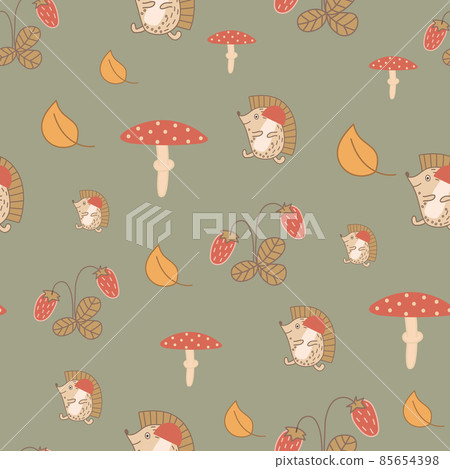 Seamless pattern with hedgehogs, mushrooms and strawberries on khaki background. Seamless pattern with hedgehogs, mushrooms and strawberries on khaki background. 85654398